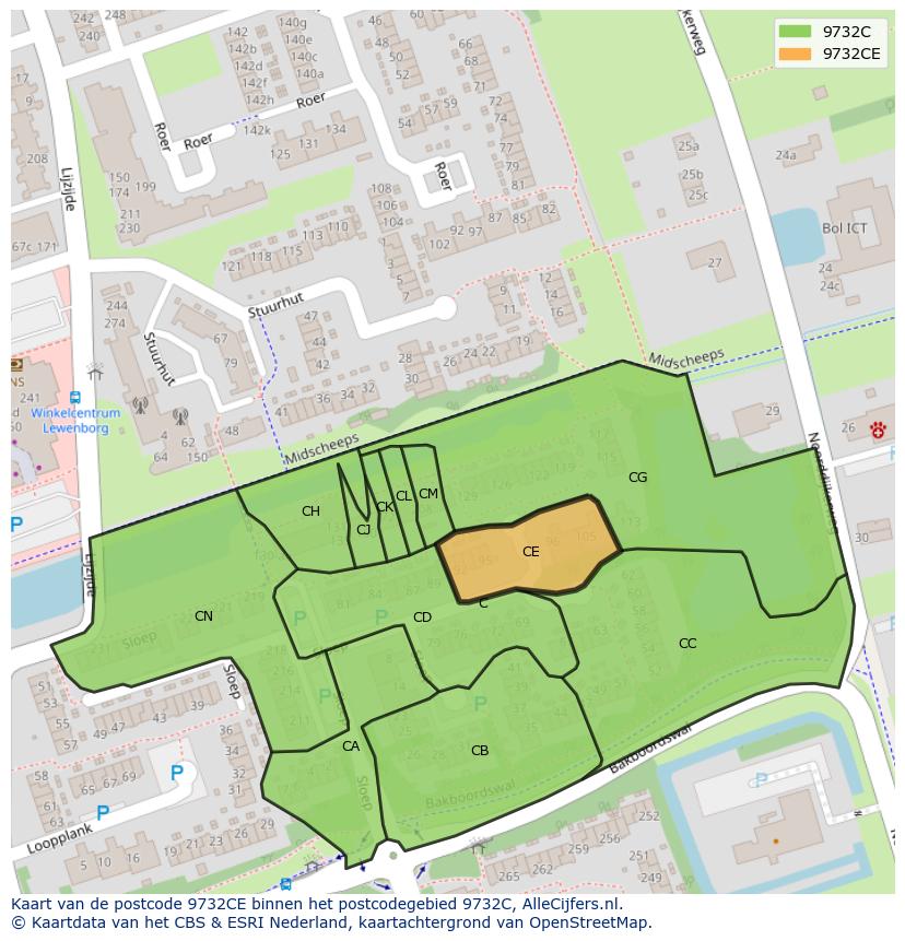 Afbeelding van het postcodegebied 9732 CE op de kaart.