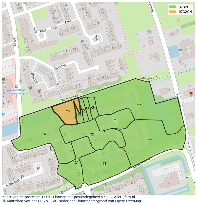 Afbeelding van het postcodegebied 9732 CH op de kaart.