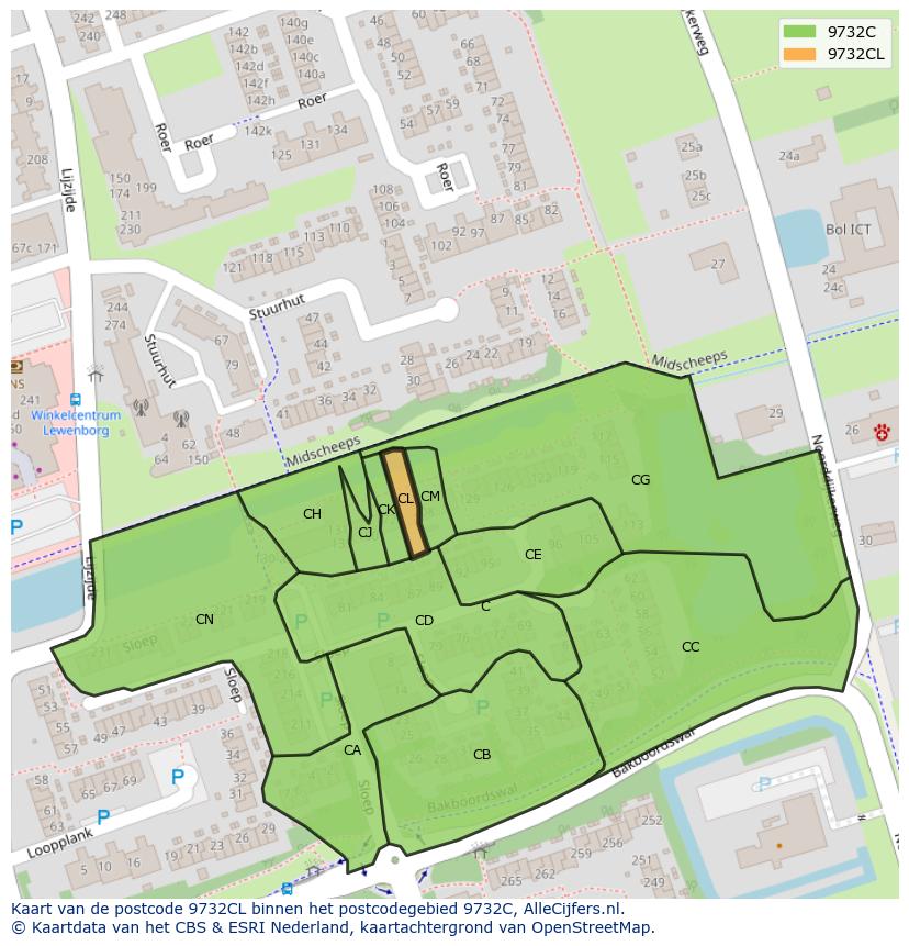 Afbeelding van het postcodegebied 9732 CL op de kaart.