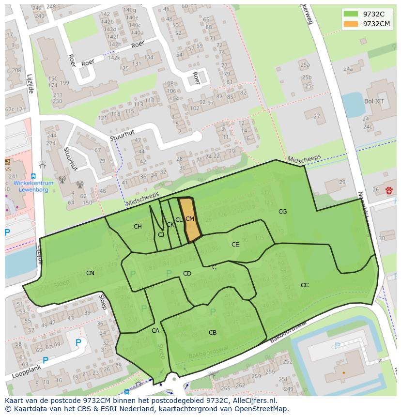 Afbeelding van het postcodegebied 9732 CM op de kaart.
