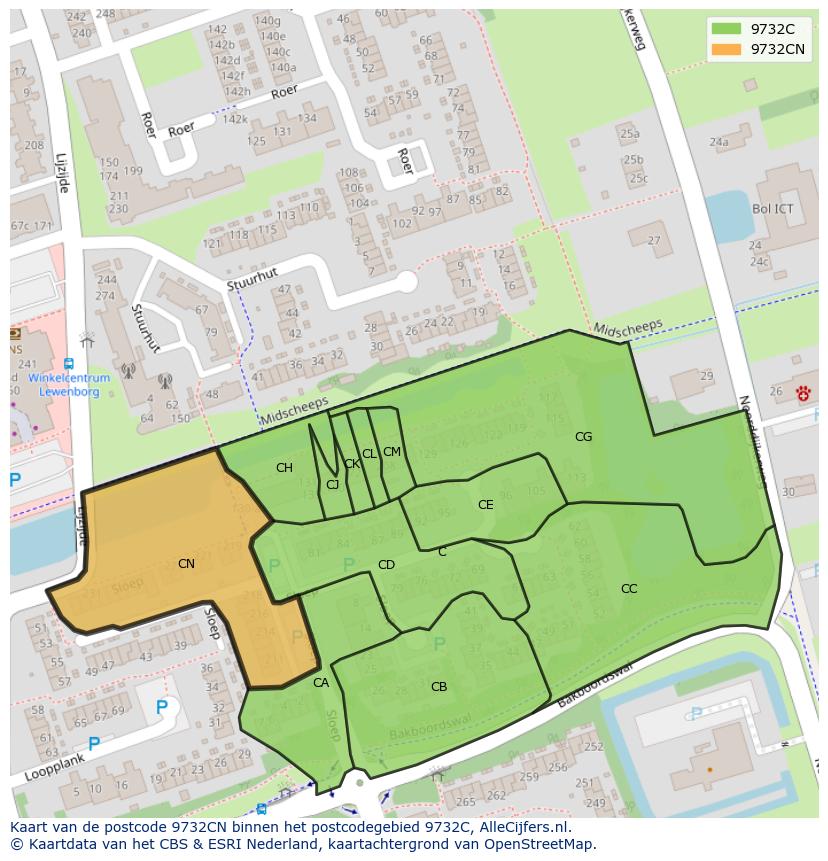 Afbeelding van het postcodegebied 9732 CN op de kaart.