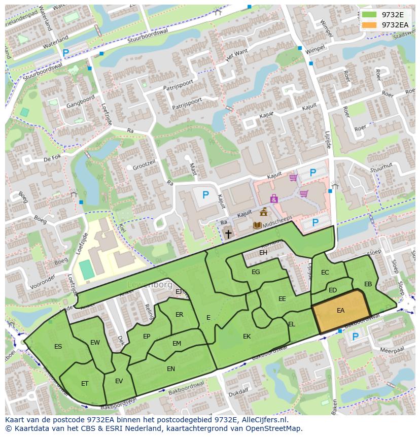 Afbeelding van het postcodegebied 9732 EA op de kaart.