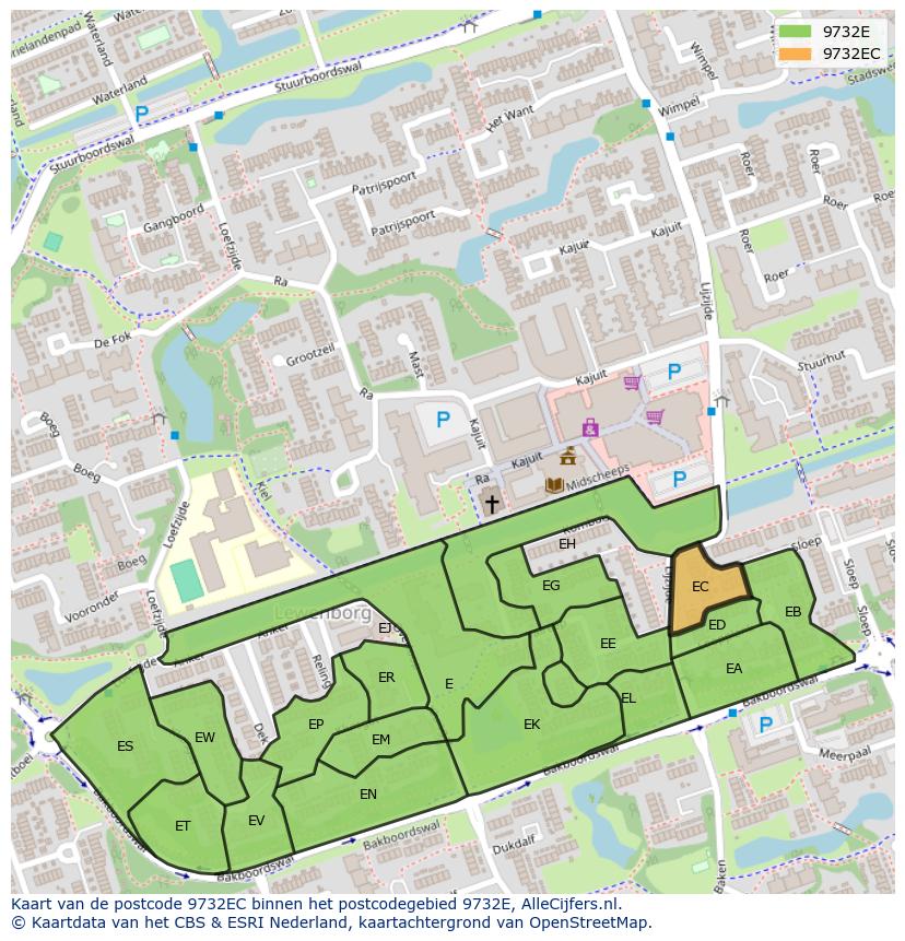 Afbeelding van het postcodegebied 9732 EC op de kaart.