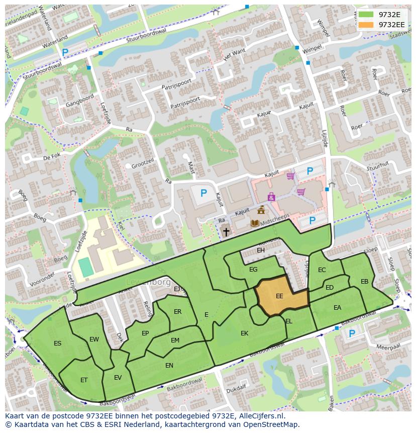Afbeelding van het postcodegebied 9732 EE op de kaart.