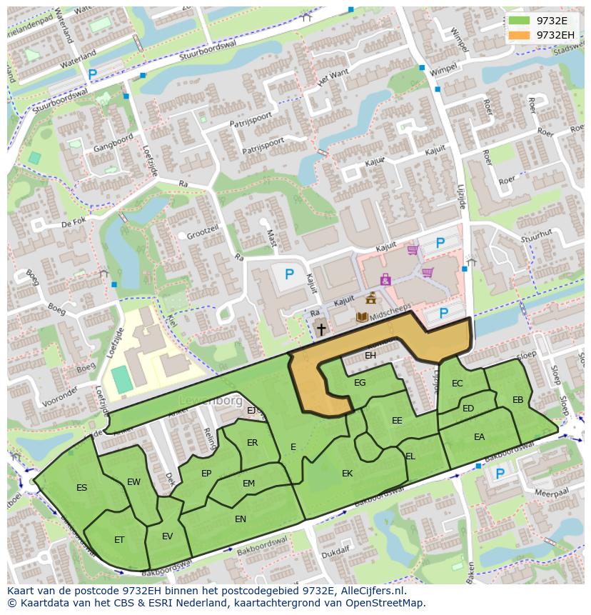 Afbeelding van het postcodegebied 9732 EH op de kaart.