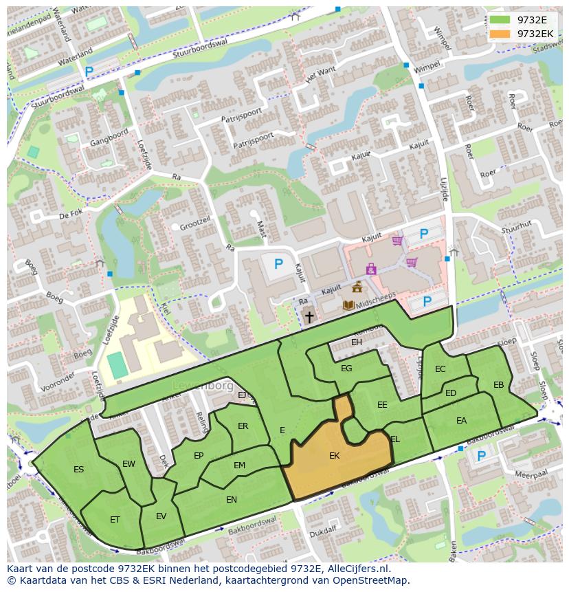 Afbeelding van het postcodegebied 9732 EK op de kaart.