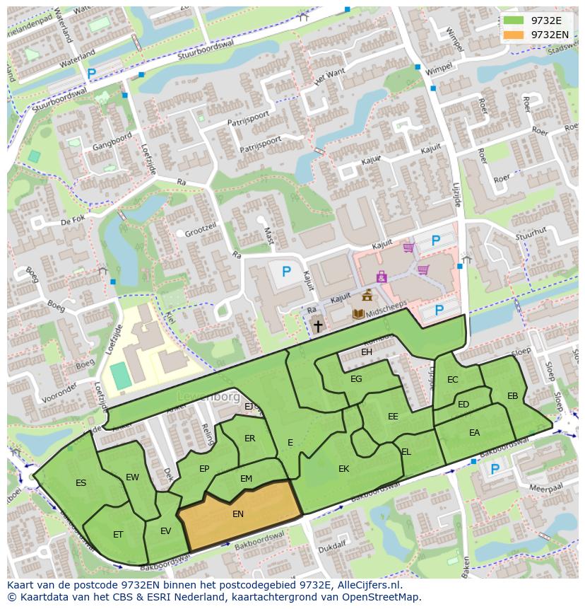 Afbeelding van het postcodegebied 9732 EN op de kaart.