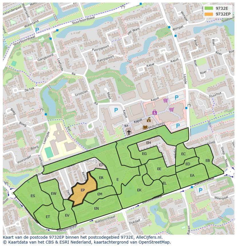 Afbeelding van het postcodegebied 9732 EP op de kaart.