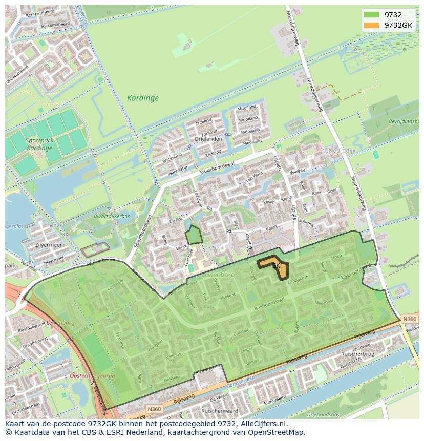 Afbeelding van het postcodegebied 9732 GK op de kaart.