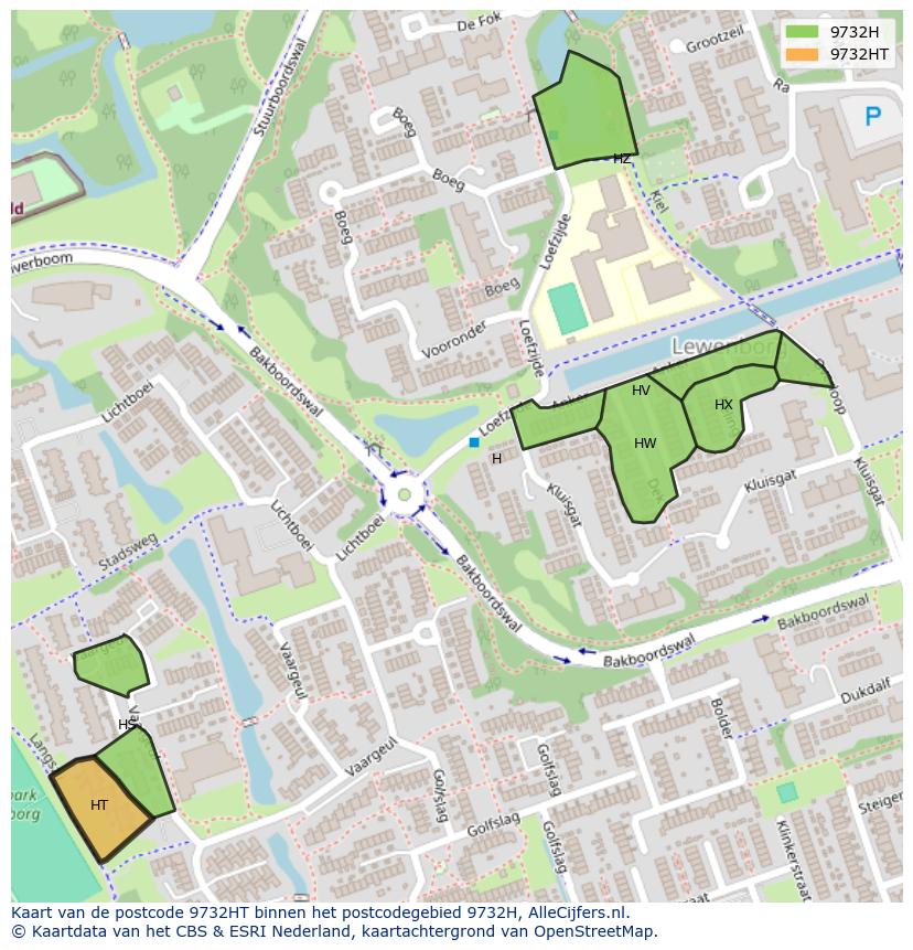 Afbeelding van het postcodegebied 9732 HT op de kaart.