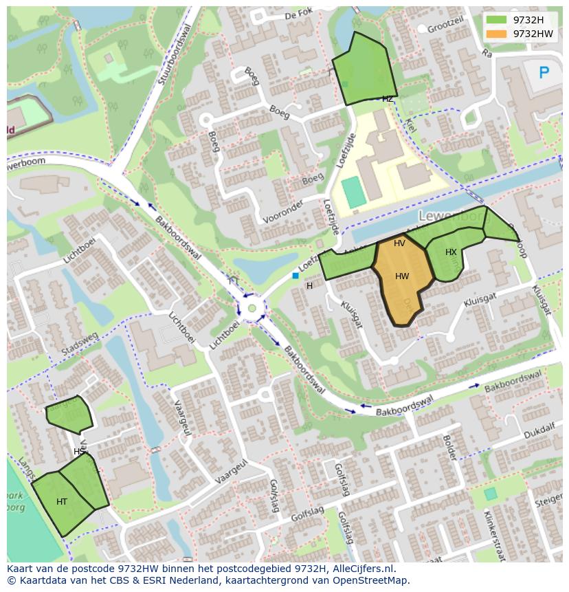 Afbeelding van het postcodegebied 9732 HW op de kaart.