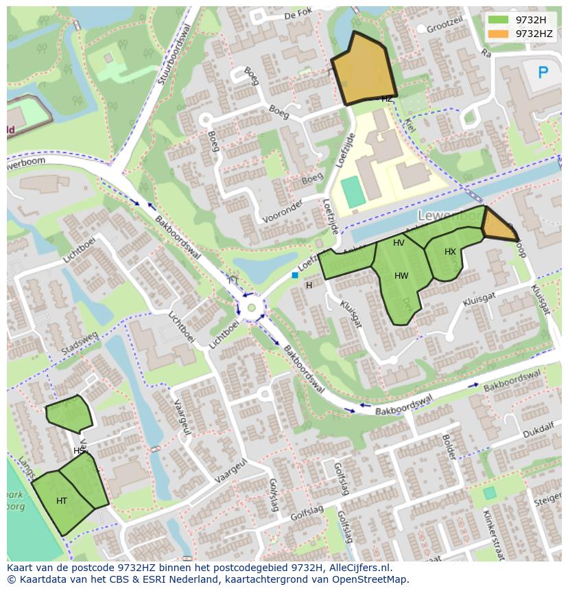 Afbeelding van het postcodegebied 9732 HZ op de kaart.