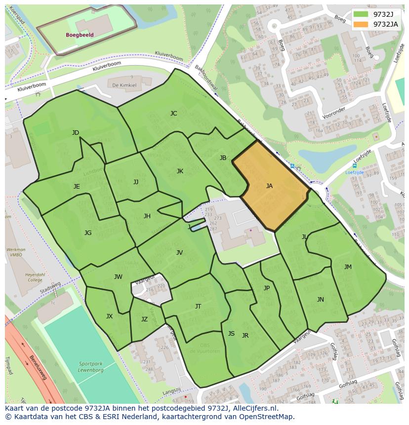 Afbeelding van het postcodegebied 9732 JA op de kaart.