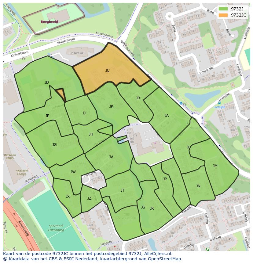 Afbeelding van het postcodegebied 9732 JC op de kaart.