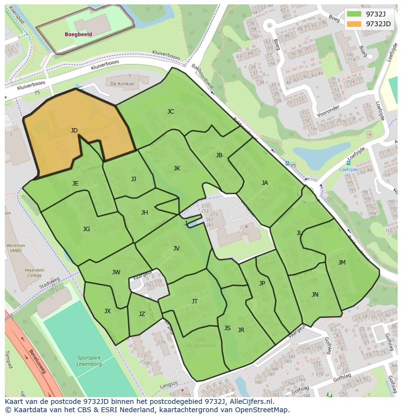 Afbeelding van het postcodegebied 9732 JD op de kaart.