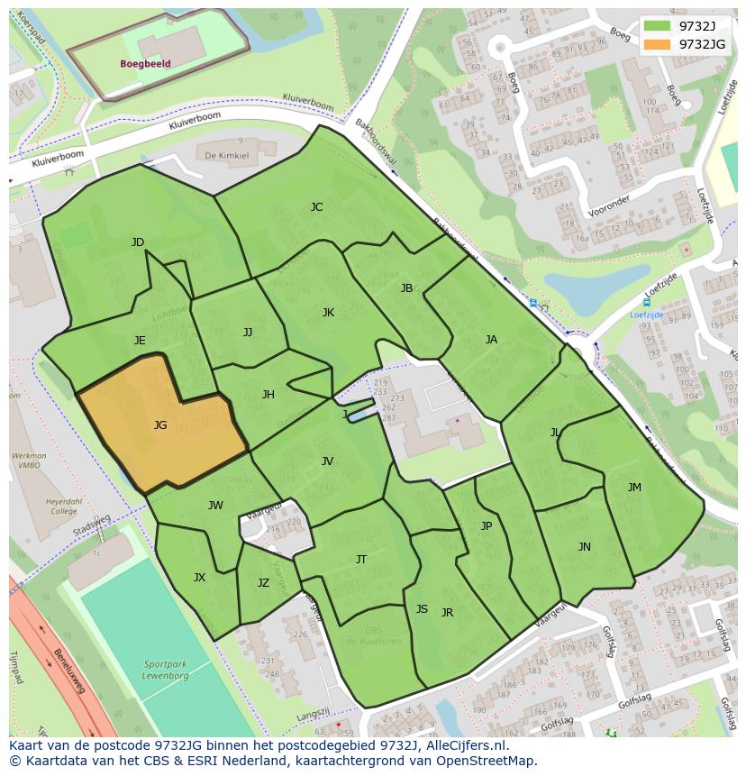 Afbeelding van het postcodegebied 9732 JG op de kaart.