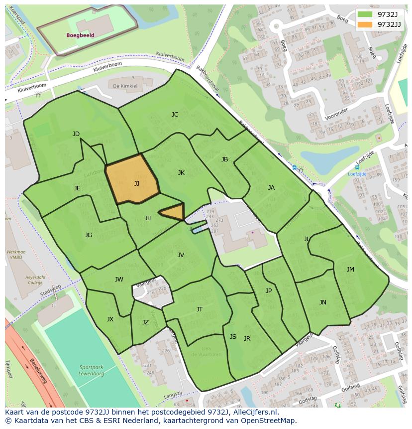 Afbeelding van het postcodegebied 9732 JJ op de kaart.