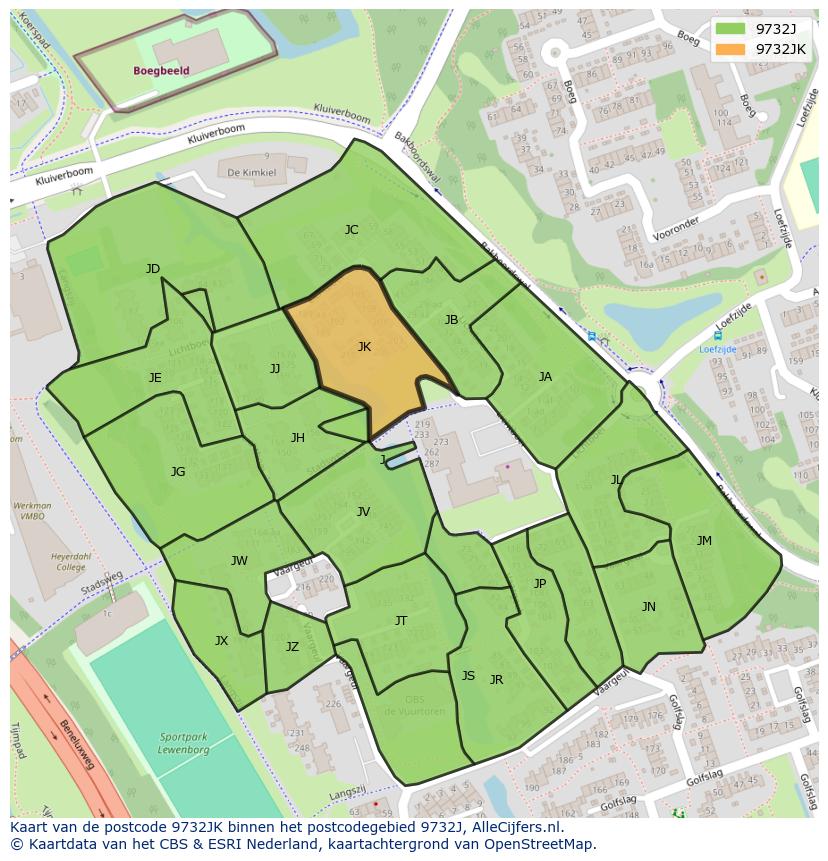 Afbeelding van het postcodegebied 9732 JK op de kaart.