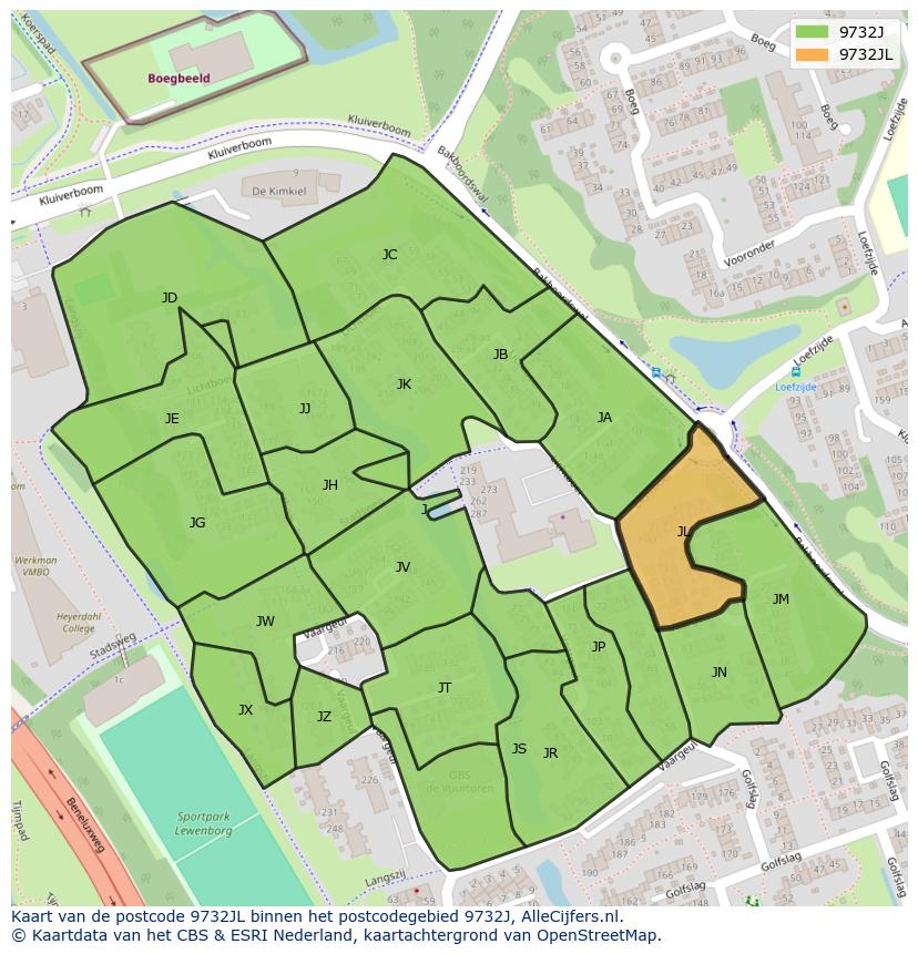 Afbeelding van het postcodegebied 9732 JL op de kaart.