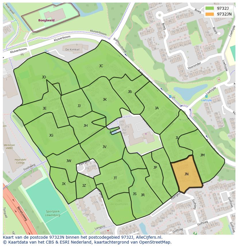Afbeelding van het postcodegebied 9732 JN op de kaart.