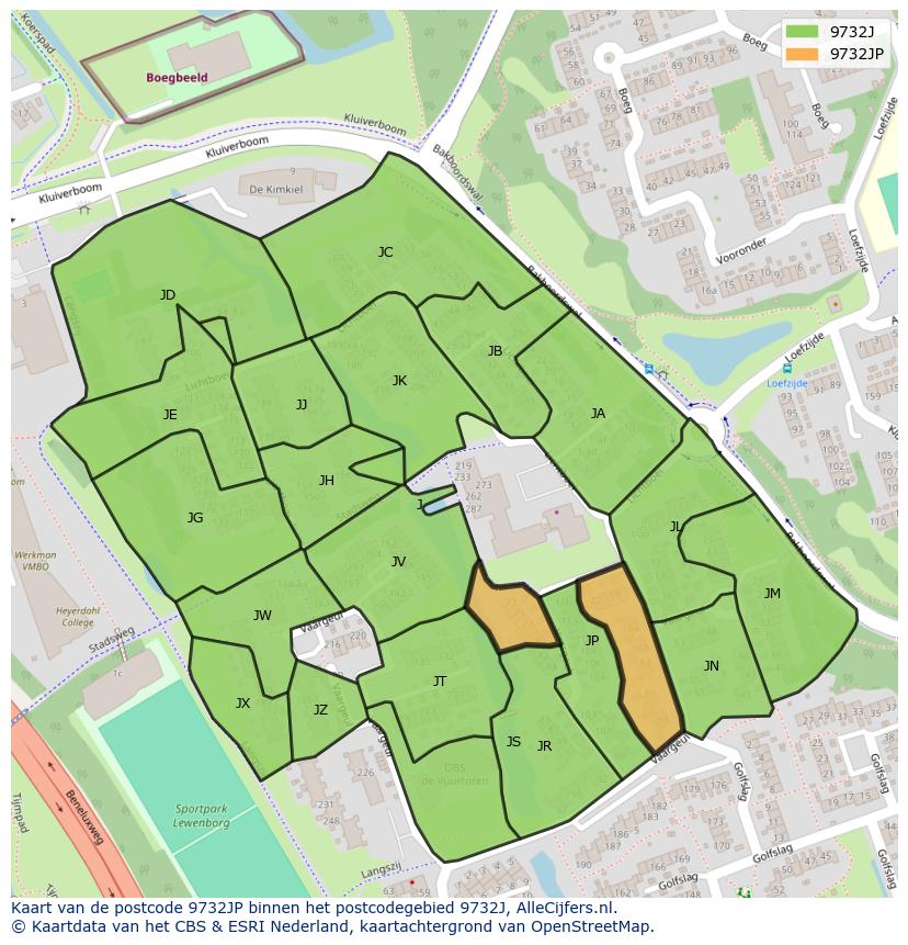 Afbeelding van het postcodegebied 9732 JP op de kaart.