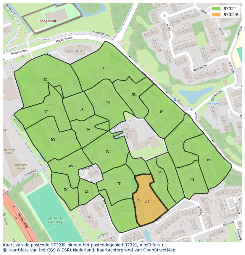 Afbeelding van het postcodegebied 9732 JR op de kaart.