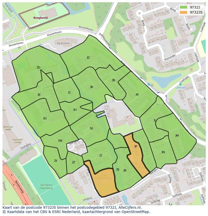 Afbeelding van het postcodegebied 9732 JS op de kaart.