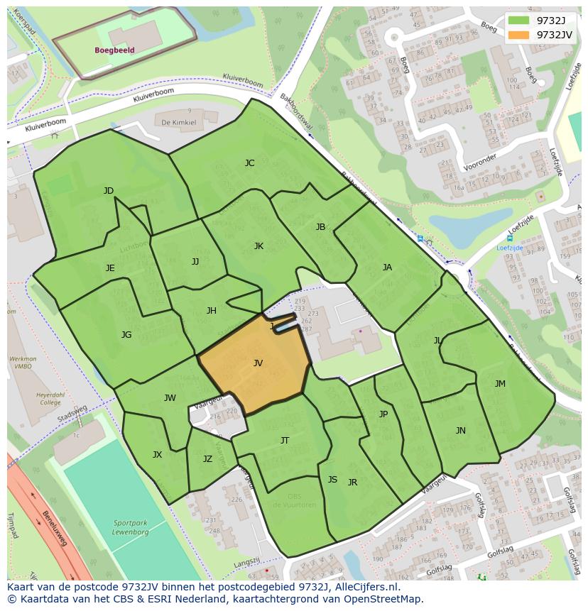 Afbeelding van het postcodegebied 9732 JV op de kaart.