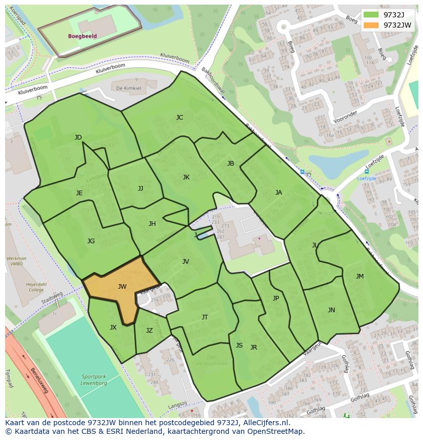Afbeelding van het postcodegebied 9732 JW op de kaart.