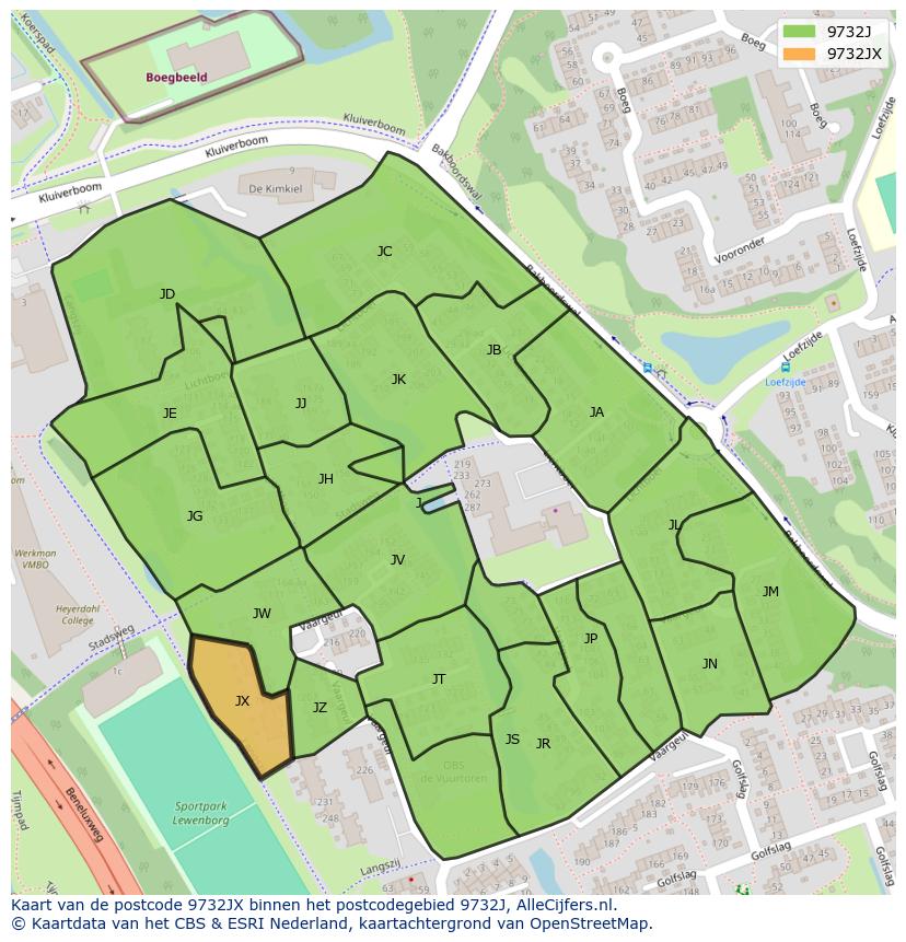 Afbeelding van het postcodegebied 9732 JX op de kaart.