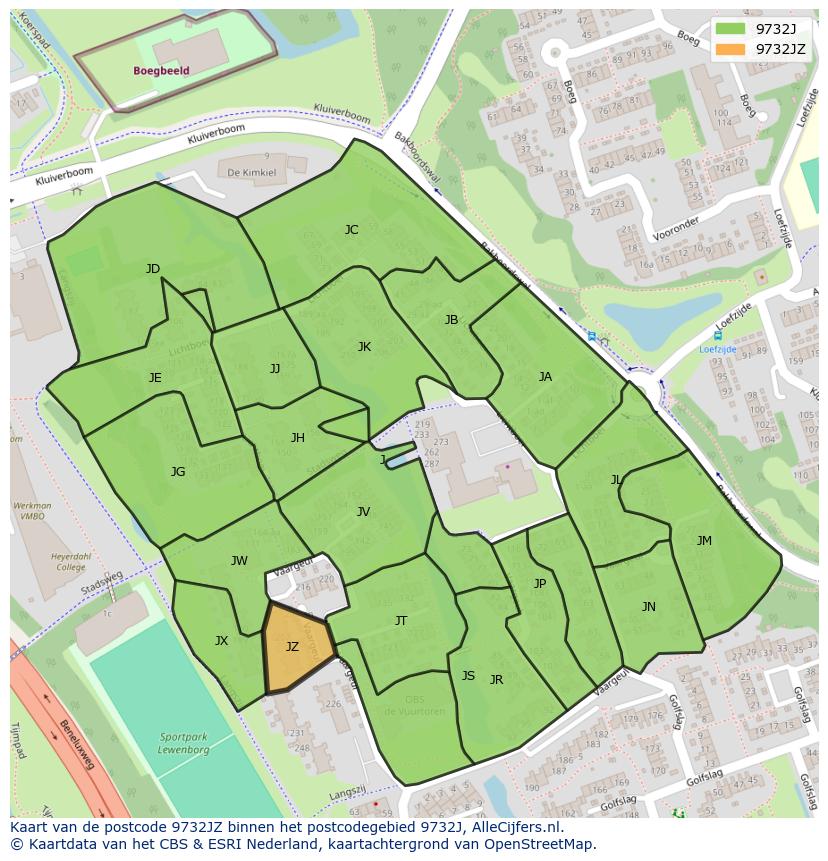 Afbeelding van het postcodegebied 9732 JZ op de kaart.
