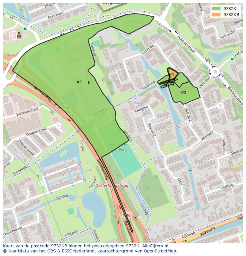 Afbeelding van het postcodegebied 9732 KB op de kaart.