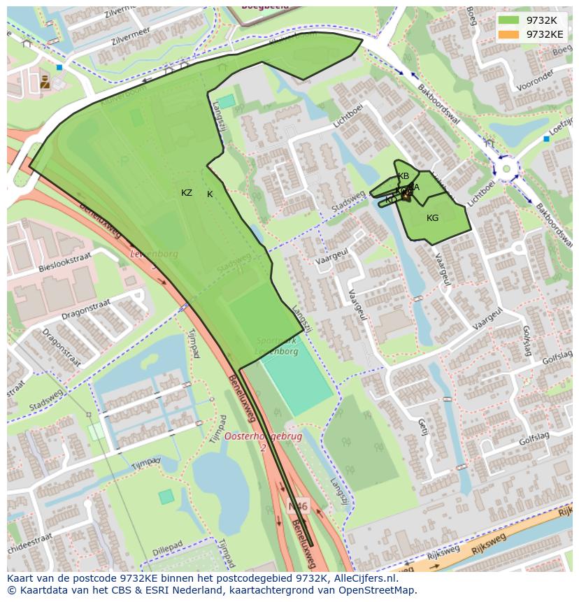 Afbeelding van het postcodegebied 9732 KE op de kaart.