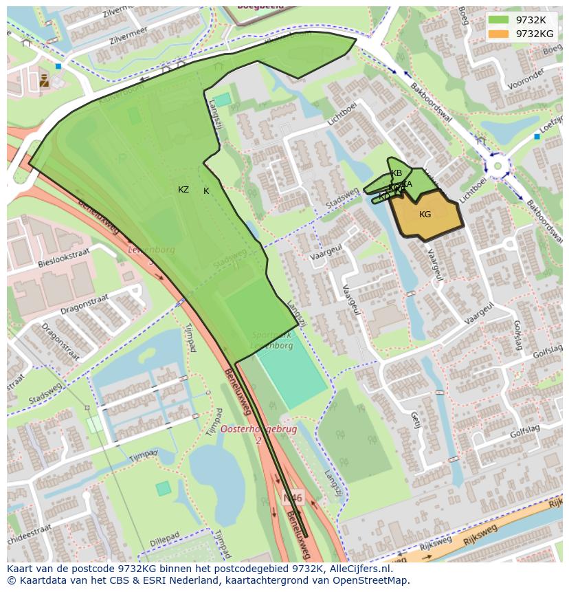 Afbeelding van het postcodegebied 9732 KG op de kaart.