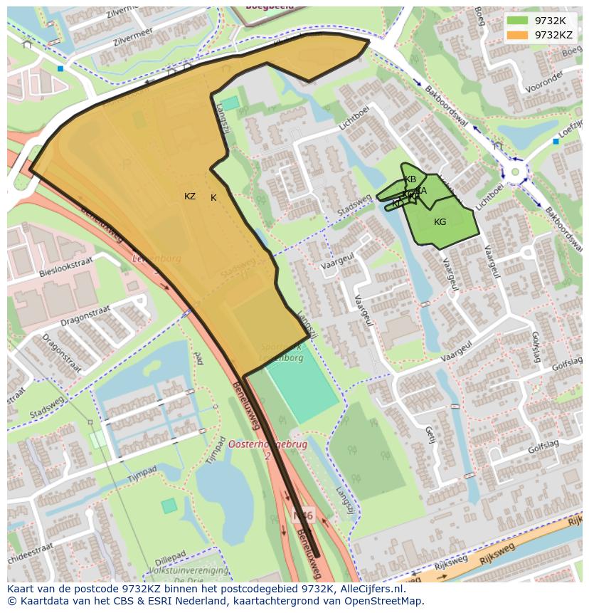 Afbeelding van het postcodegebied 9732 KZ op de kaart.