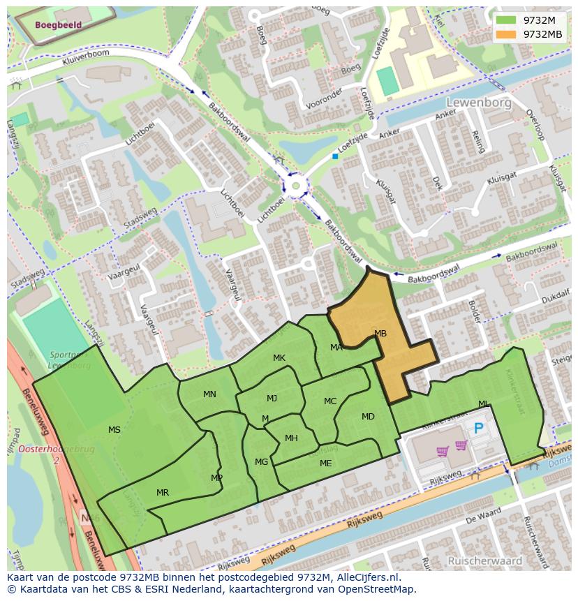 Afbeelding van het postcodegebied 9732 MB op de kaart.