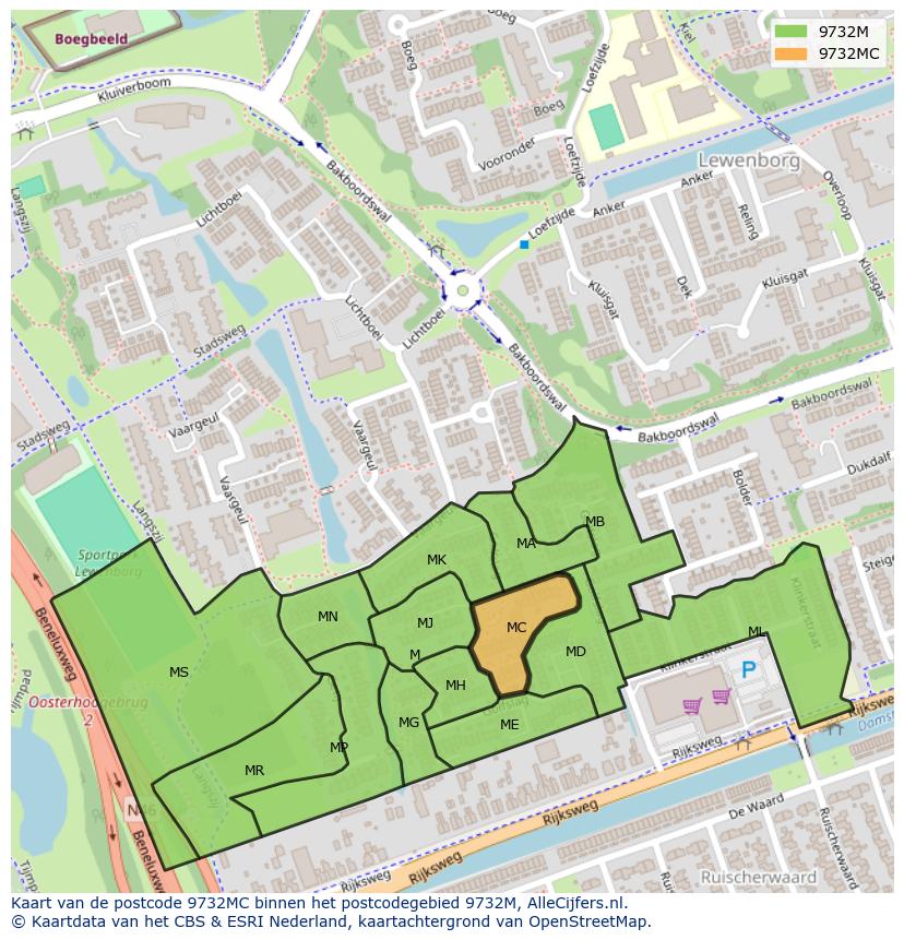 Afbeelding van het postcodegebied 9732 MC op de kaart.