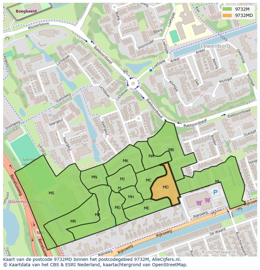 Afbeelding van het postcodegebied 9732 MD op de kaart.