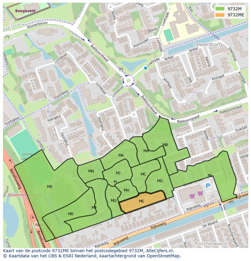 Afbeelding van het postcodegebied 9732 ME op de kaart.