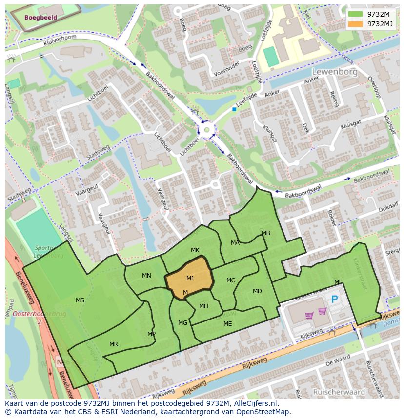 Afbeelding van het postcodegebied 9732 MJ op de kaart.