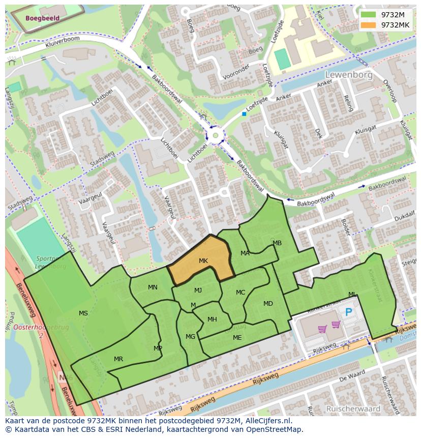 Afbeelding van het postcodegebied 9732 MK op de kaart.