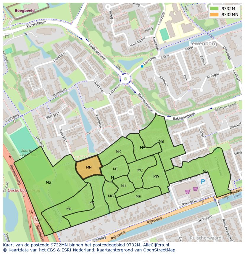 Afbeelding van het postcodegebied 9732 MN op de kaart.