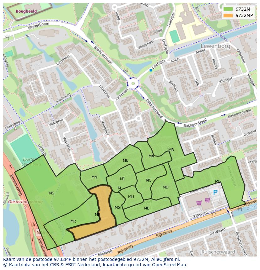 Afbeelding van het postcodegebied 9732 MP op de kaart.