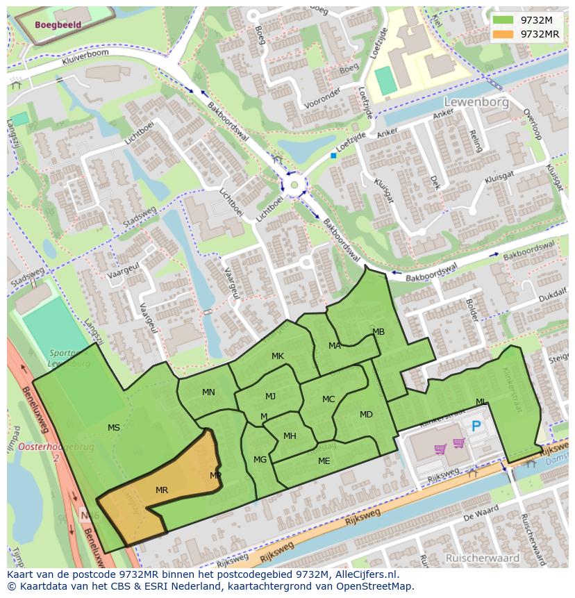 Afbeelding van het postcodegebied 9732 MR op de kaart.