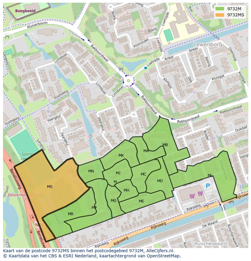 Afbeelding van het postcodegebied 9732 MS op de kaart.