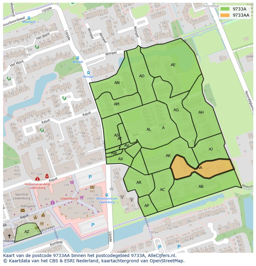 Afbeelding van het postcodegebied 9733 AA op de kaart.