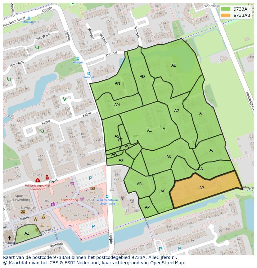 Afbeelding van het postcodegebied 9733 AB op de kaart.