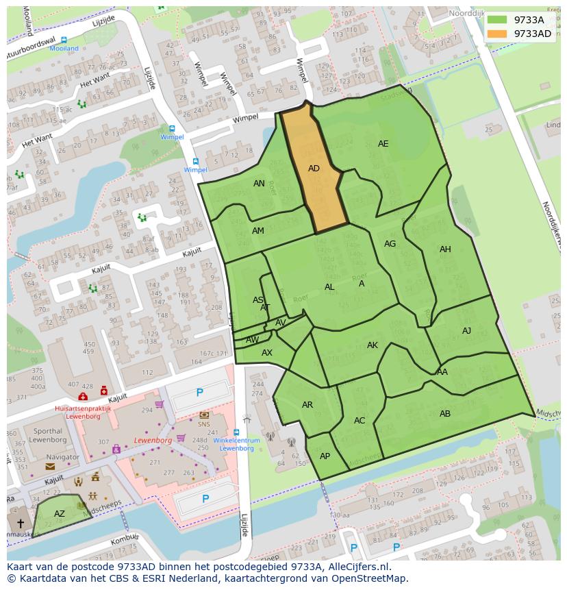 Afbeelding van het postcodegebied 9733 AD op de kaart.