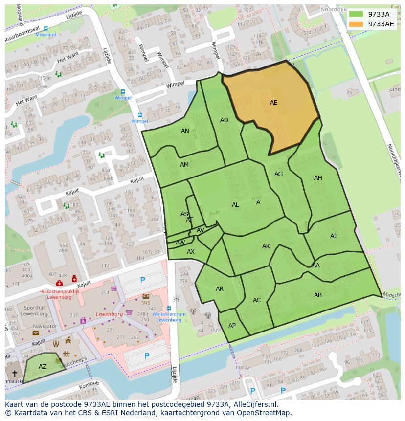 Afbeelding van het postcodegebied 9733 AE op de kaart.