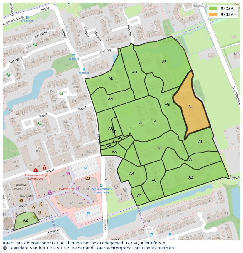 Afbeelding van het postcodegebied 9733 AH op de kaart.